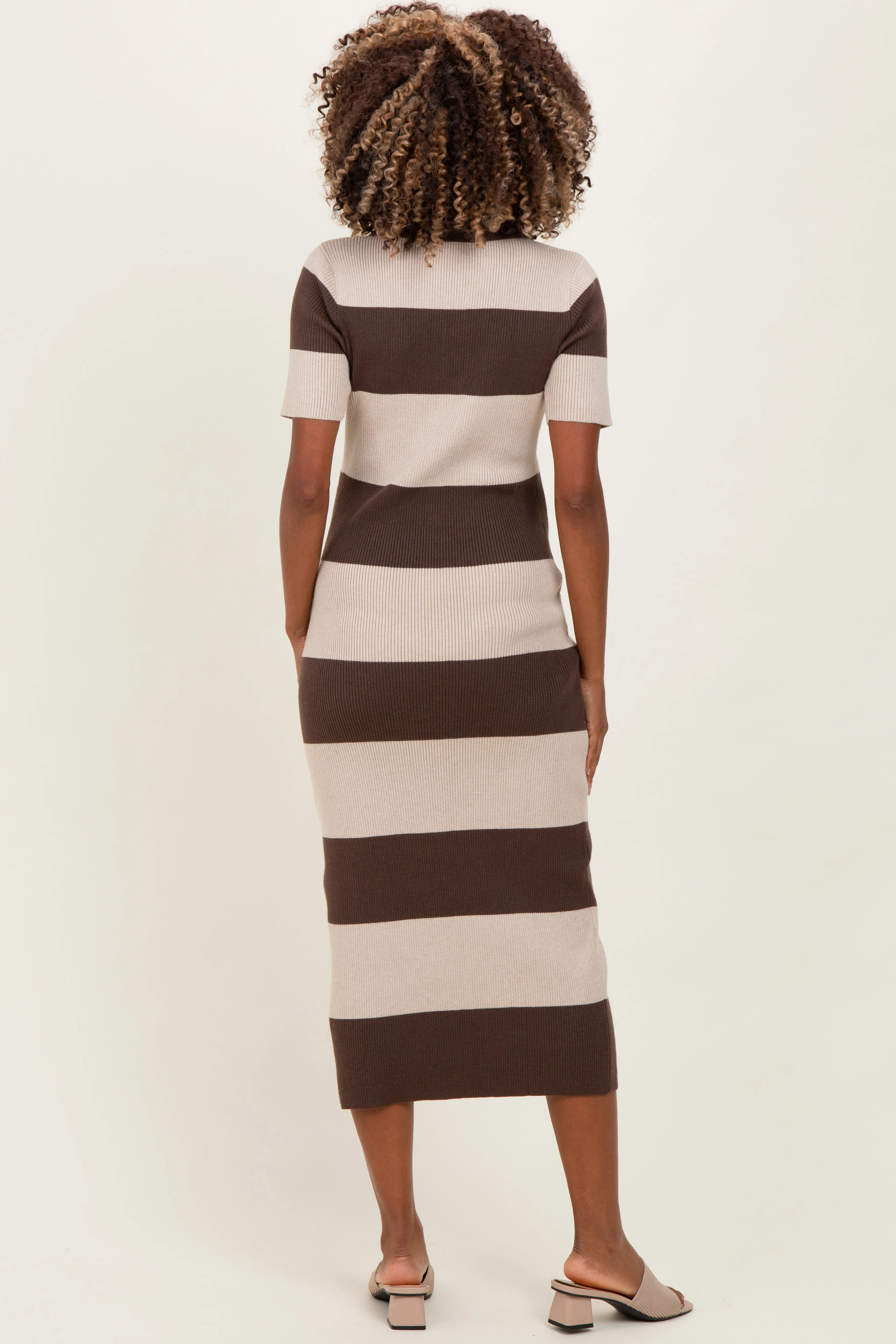 Brown Ribbed Striped Knit Polo Maternity Midi Dress sold by Pinkblush product image thumbnail 3