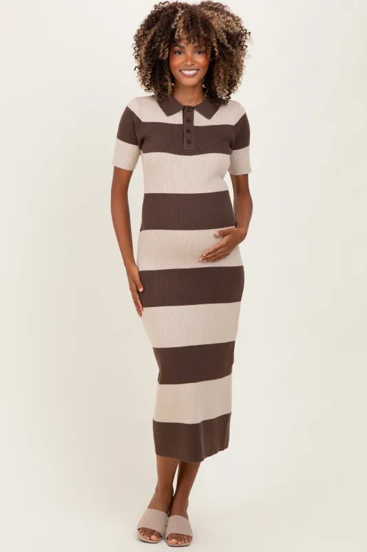 Brown Ribbed Striped Knit Polo Maternity Midi Dress sold by Pinkblush