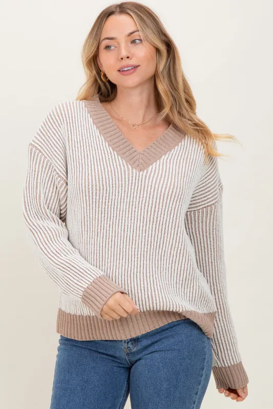 Mocha Two Tone Ribbed V-Neck Chenille Maternity Sweater sold by Pinkblush
