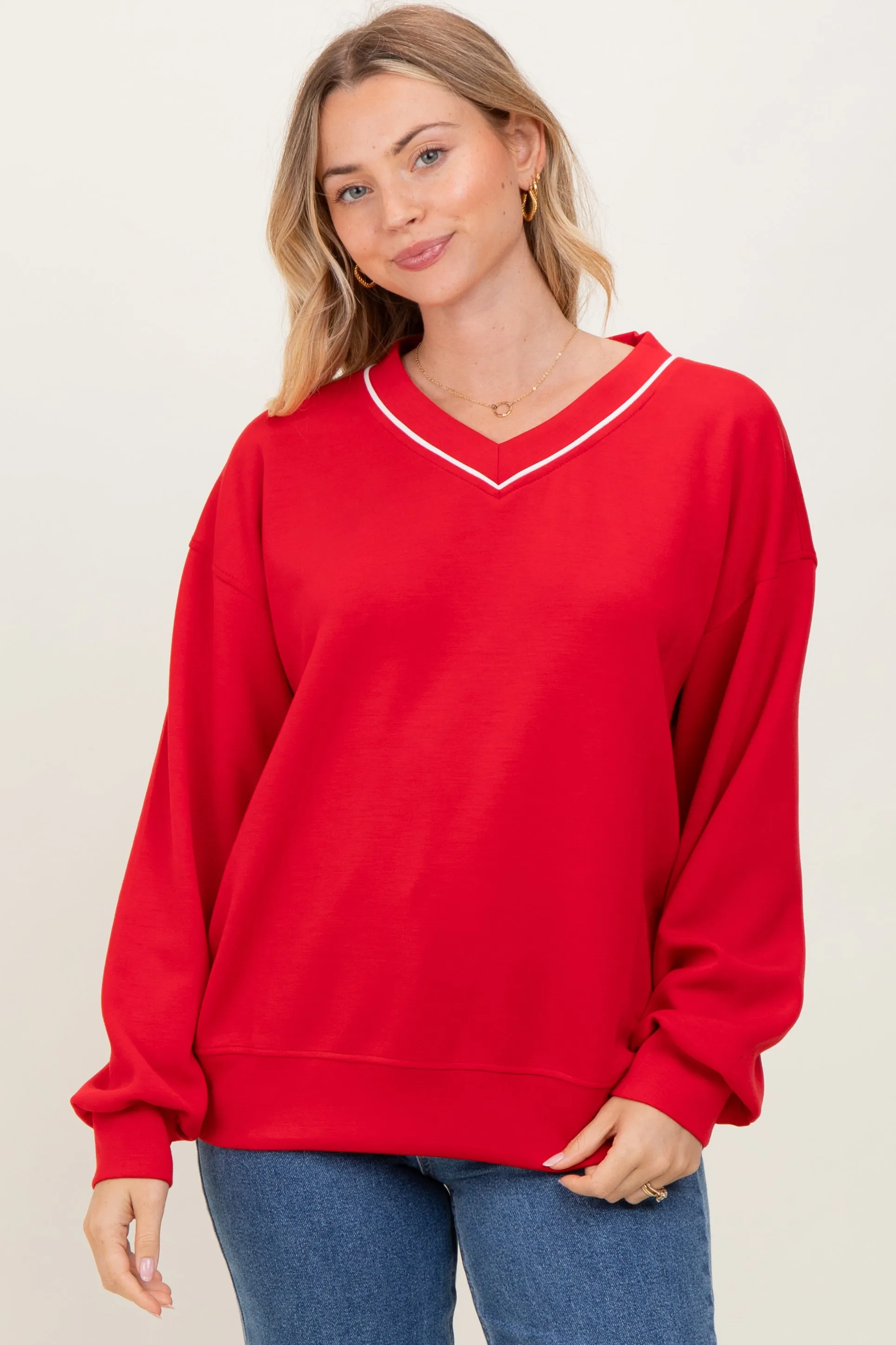 Red V-Neck Sweatshirt sold by Pinkblush