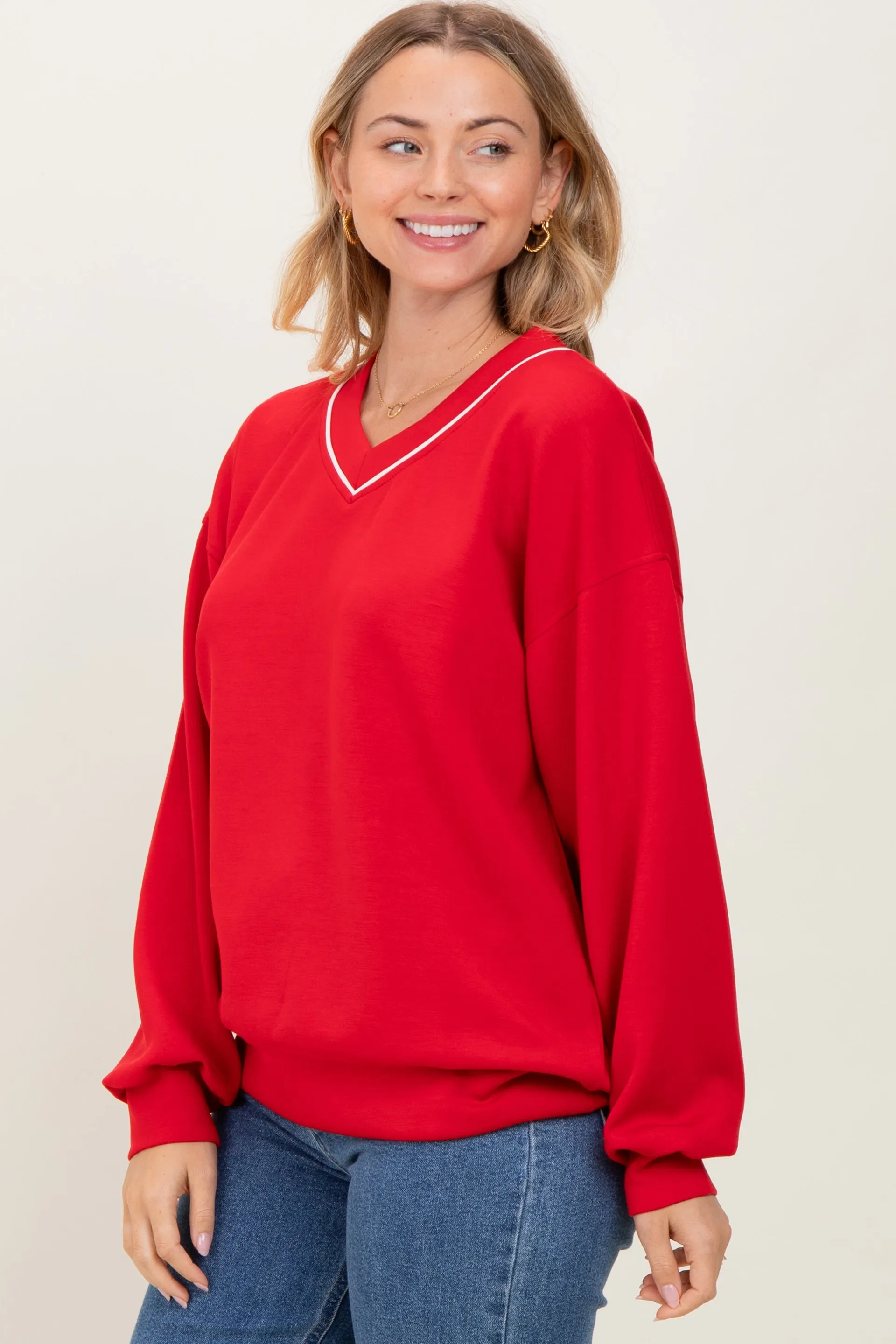 Red V-Neck Sweatshirt sold by Pinkblush product image thumbnail 2