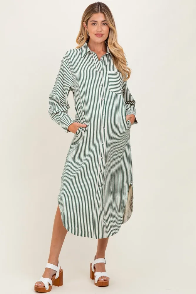 Forest Green Textured Stripe Button Down Maternity Shirt Dress sold by Pinkblush