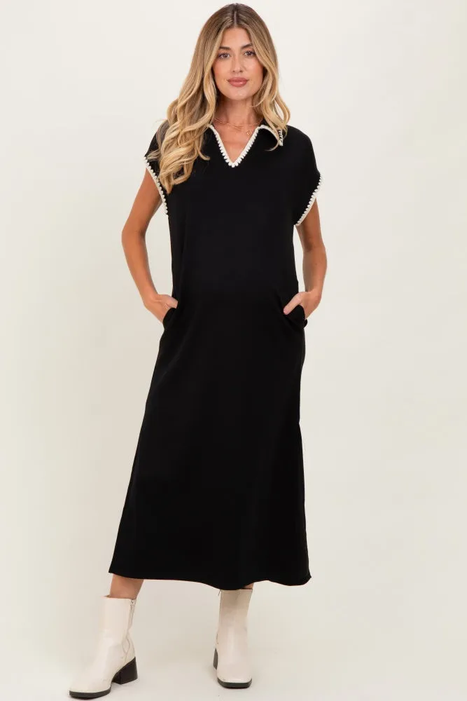 Black Collared Stitch Detail Short Sleeve Maternity Midi Dress sold by Pinkblush