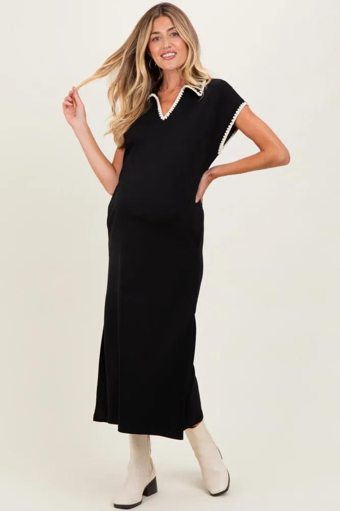 Black Collared Stitch Detail Short Sleeve Maternity Midi Dress sold by Pinkblush product image thumbnail 2
