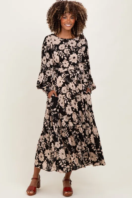 Black Floral Striped Long Sleeve Maternity Midi Dress sold by Pinkblush