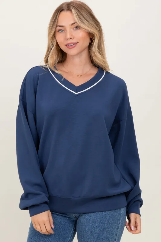 Navy V-Neck Sweatshirt sold by Pinkblush