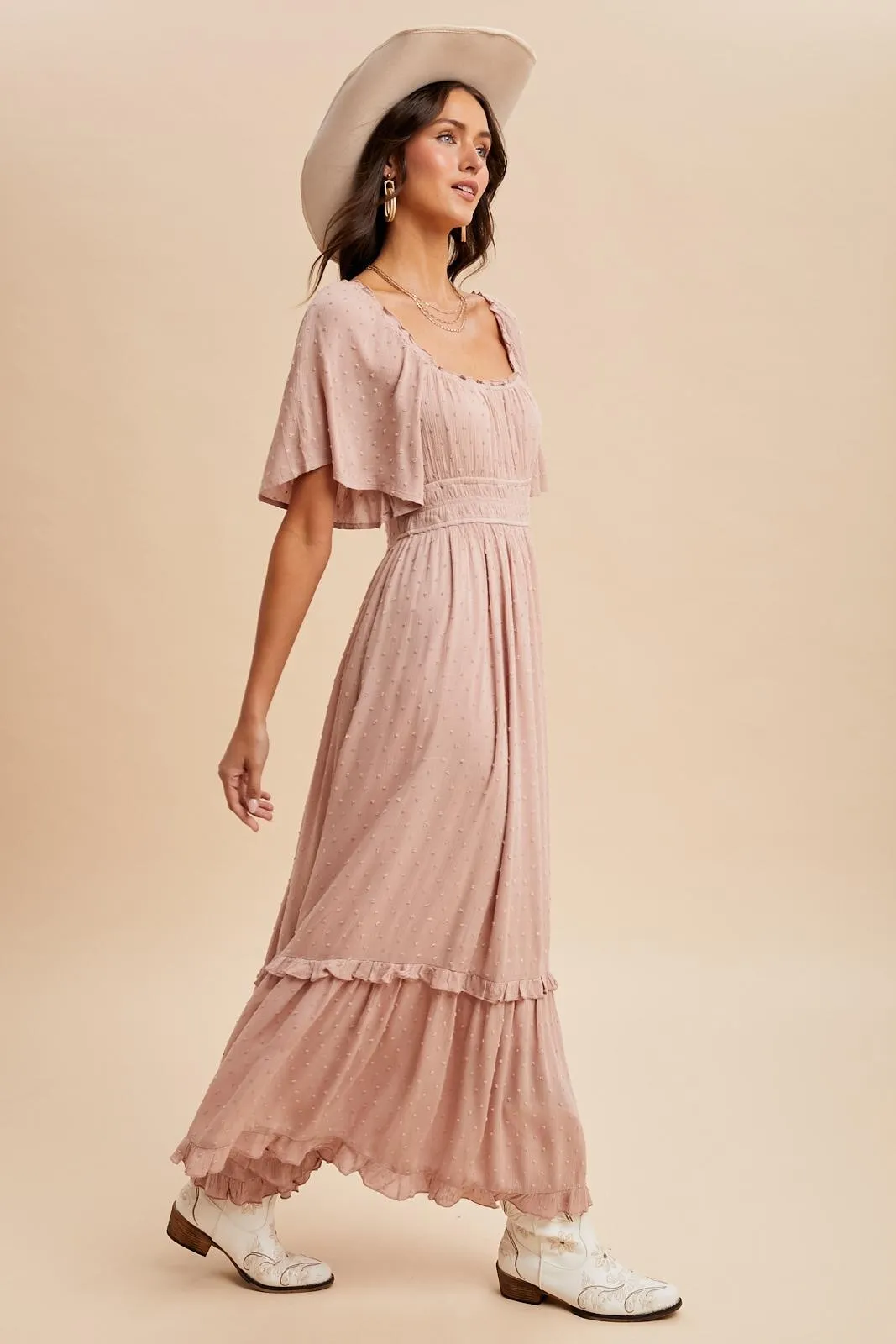 Light Pink Swiss Dot Ruffle Trim Maxi Dress sold by Pinkblush product image thumbnail 3
