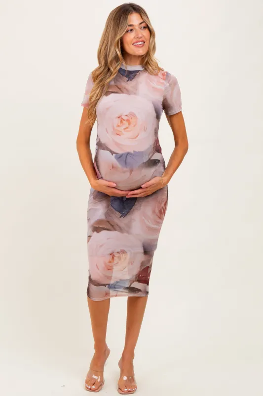 Light Pink Floral Mesh Short Sleeve Maternity Midi Dress sold by Pinkblush