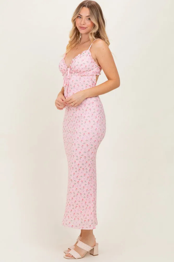Light Pink Rose Print Jacquard Front Tie Cutout Maxi Dress sold by Pinkblush product image thumbnail 3