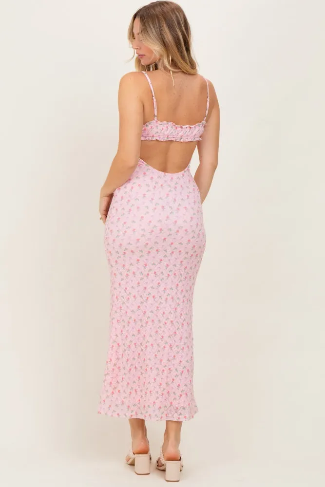 Light Pink Rose Print Jacquard Front Tie Cutout Maxi Dress sold by Pinkblush product image thumbnail 4