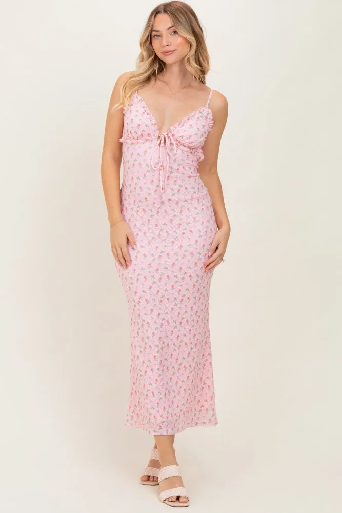 Light Pink Rose Print Jacquard Front Tie Cutout Maxi Dress sold by Pinkblush