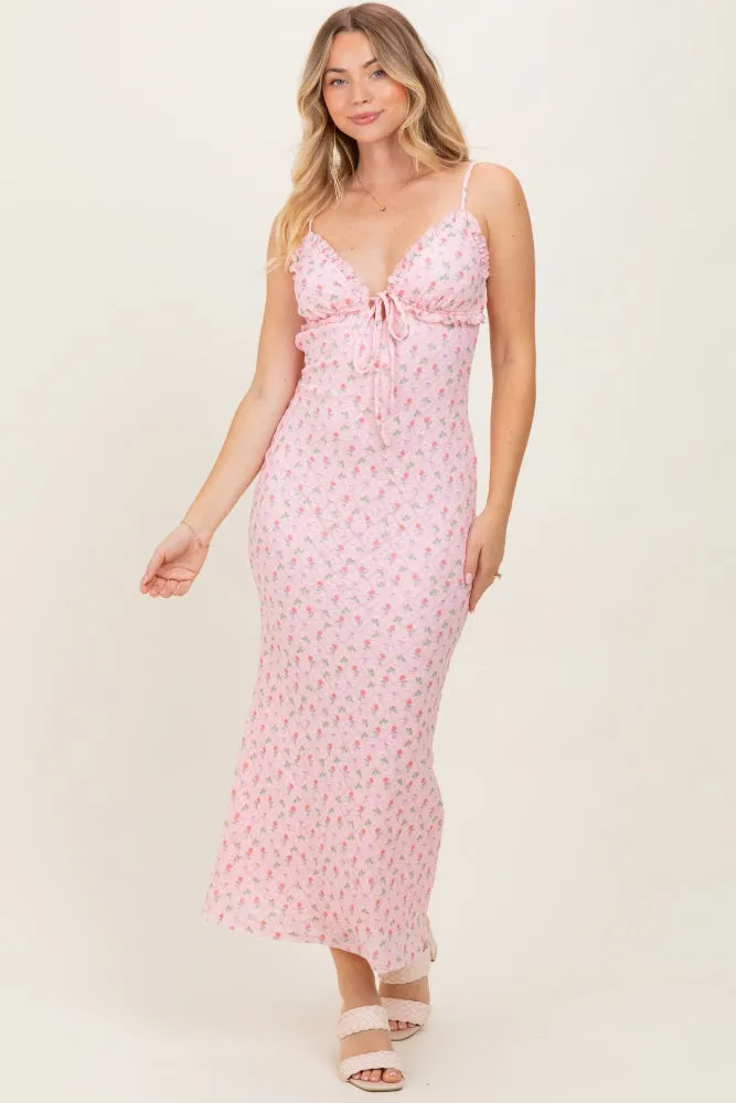 Light Pink Rose Print Jacquard Front Tie Cutout Maxi Dress sold by Pinkblush product image thumbnail 2