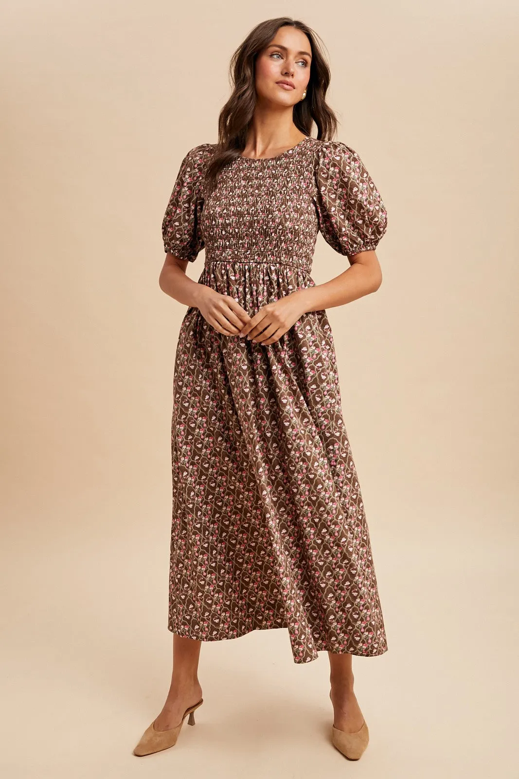 Mocha Floral Smocked Puff Sleeve Maxi Dress sold by Pinkblush product image thumbnail 2
