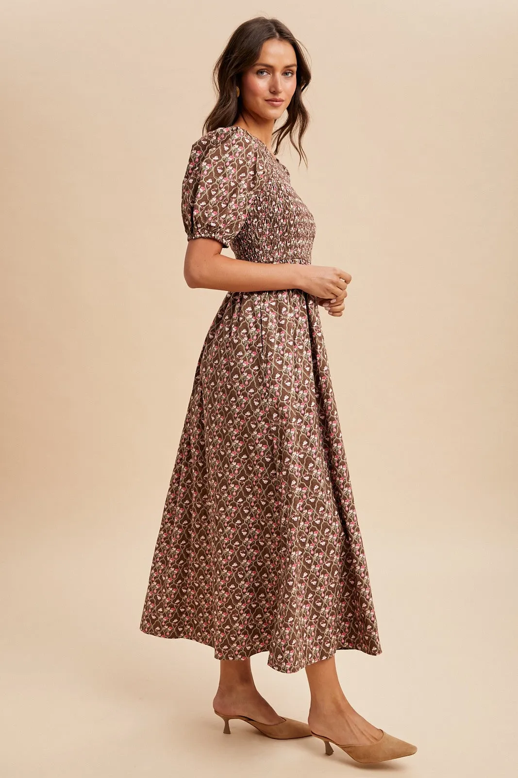 Mocha Floral Smocked Puff Sleeve Maxi Dress sold by Pinkblush product image thumbnail 3