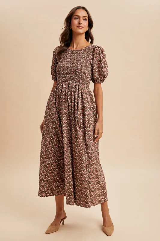 Mocha Floral Smocked Puff Sleeve Maxi Dress sold by Pinkblush