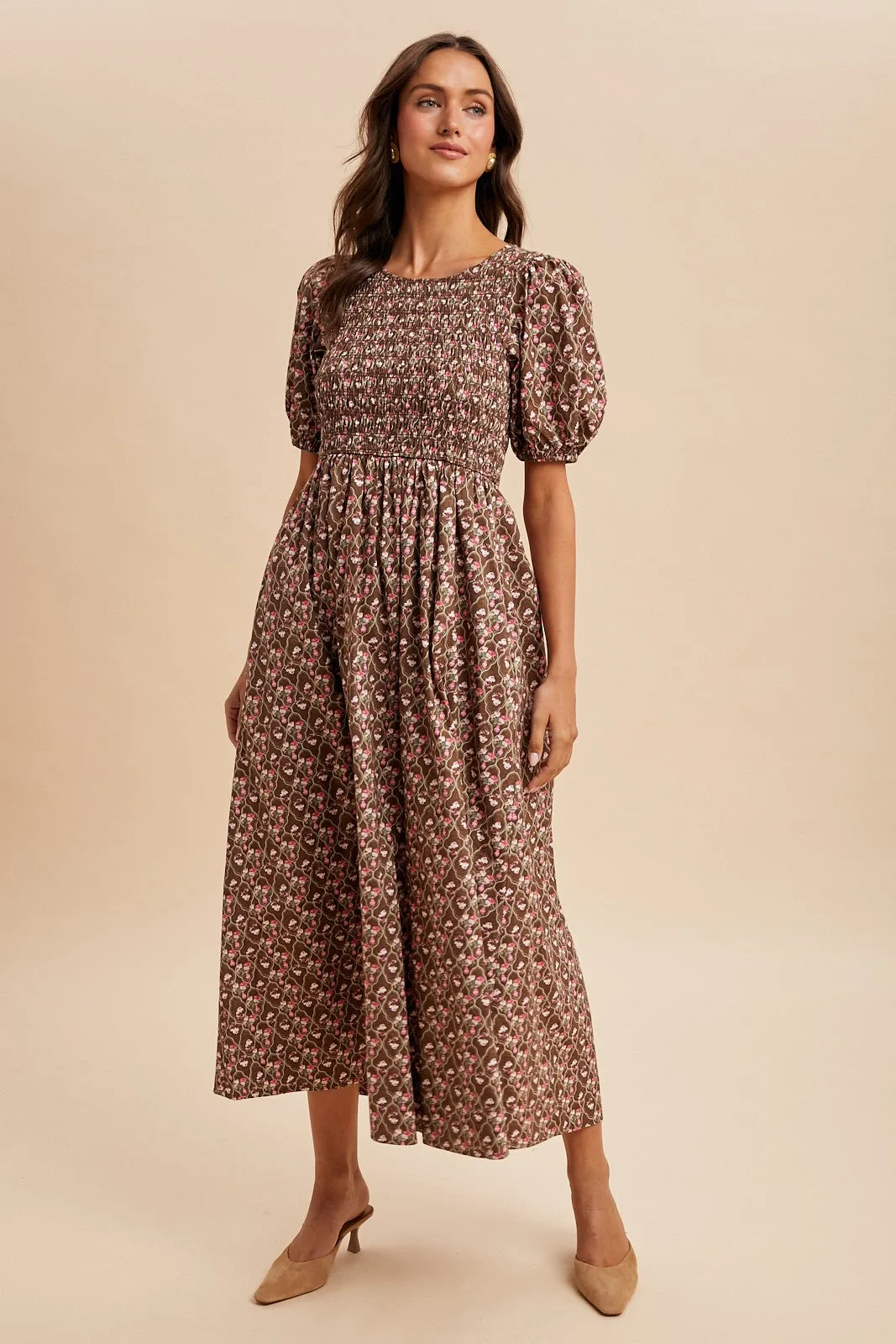 Mocha Floral Smocked Puff Sleeve Maxi Dress sold by Pinkblush