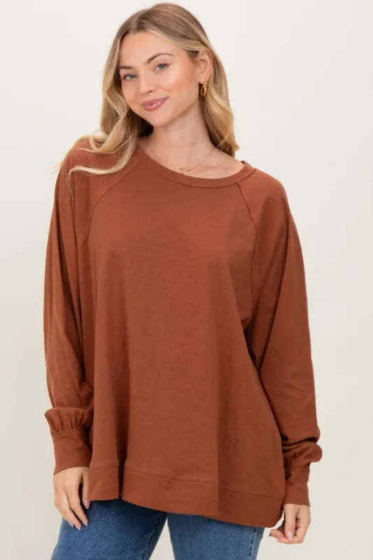Mocha Oversized Cotton Slub Long Sleeve Top sold by Pinkblush