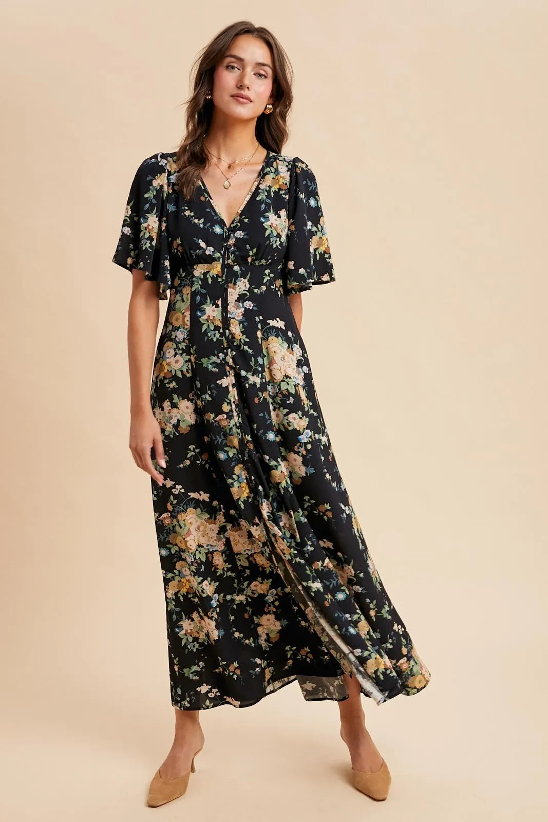 Navy Floral Flutter Button Down Maternity Maxi Dress sold by Pinkblush product image thumbnail 4