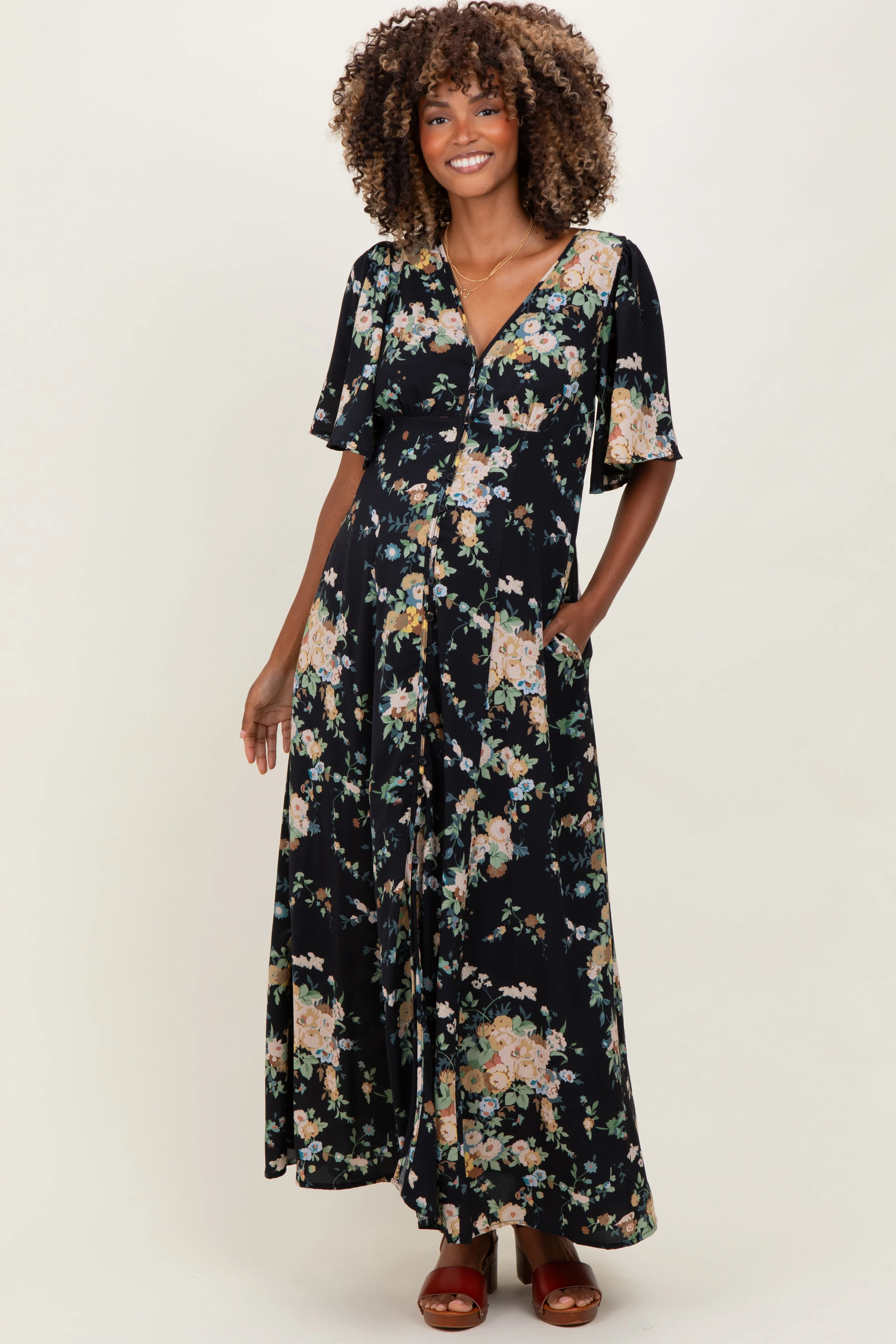 Navy Floral Flutter Button Down Maternity Maxi Dress sold by Pinkblush