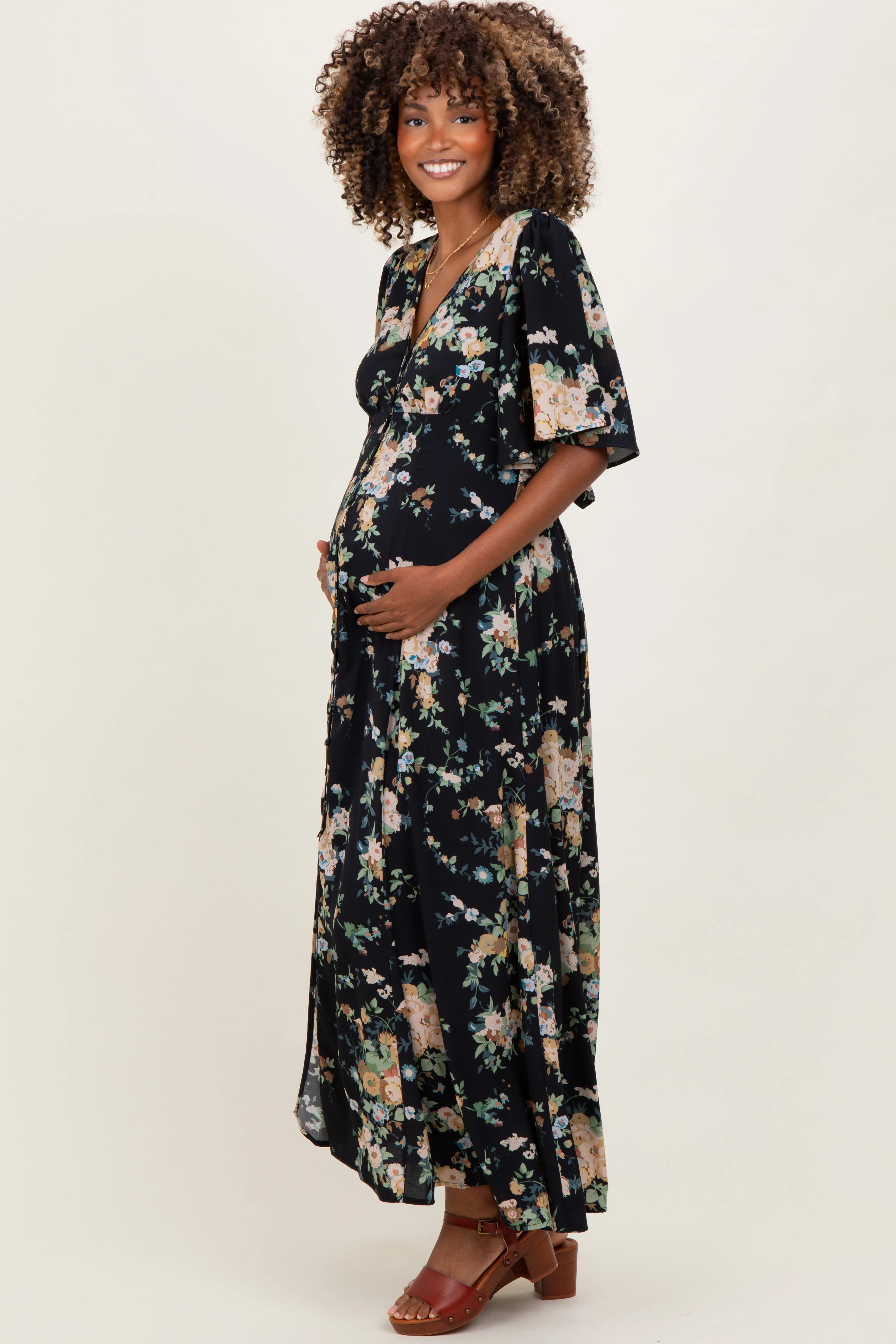 Navy Floral Flutter Button Down Maternity Maxi Dress sold by Pinkblush product image thumbnail 2