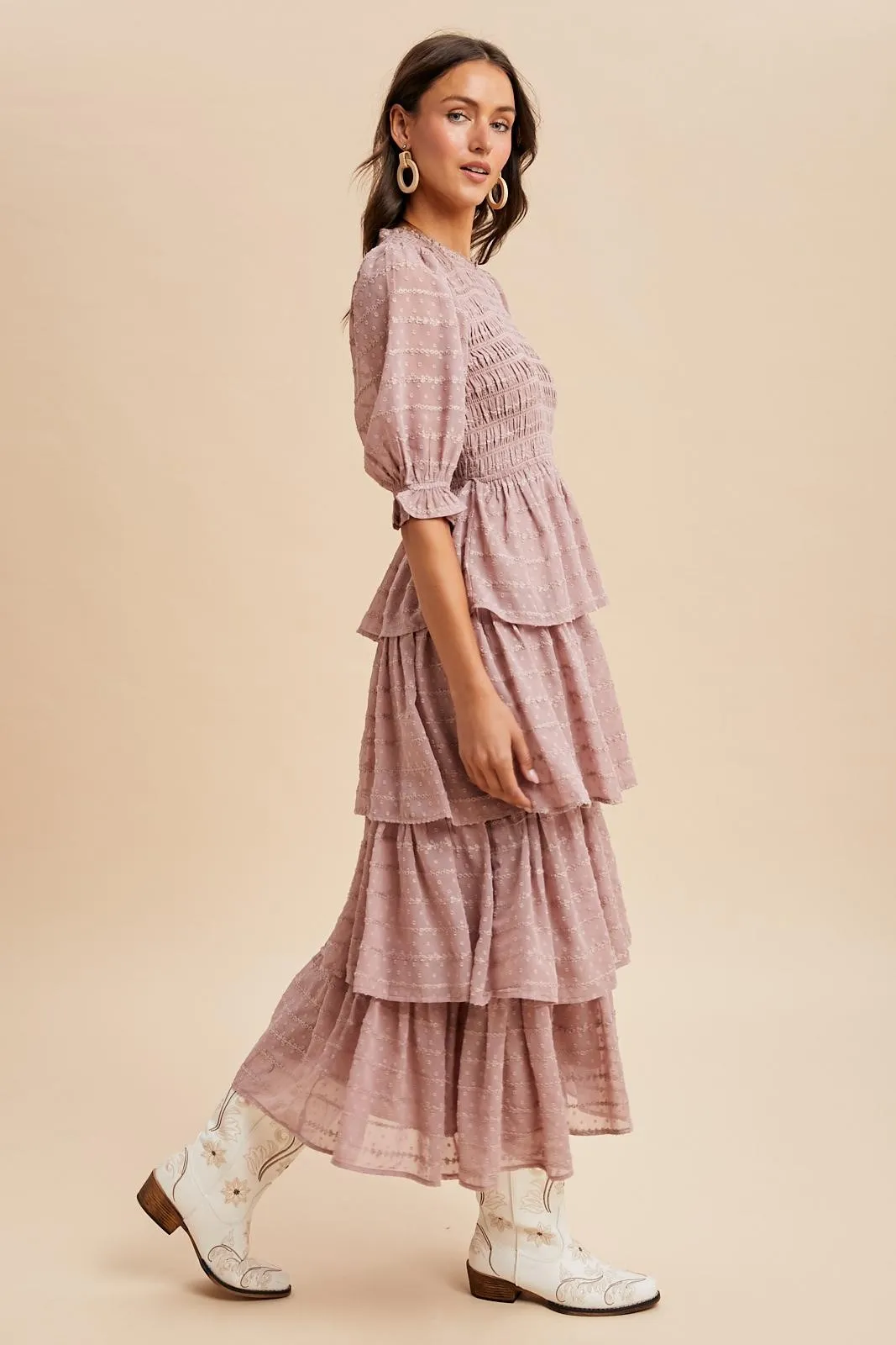 Mauve Smocked Swiss Dot Tiered Maxi Dress sold by Pinkblush product image thumbnail 3