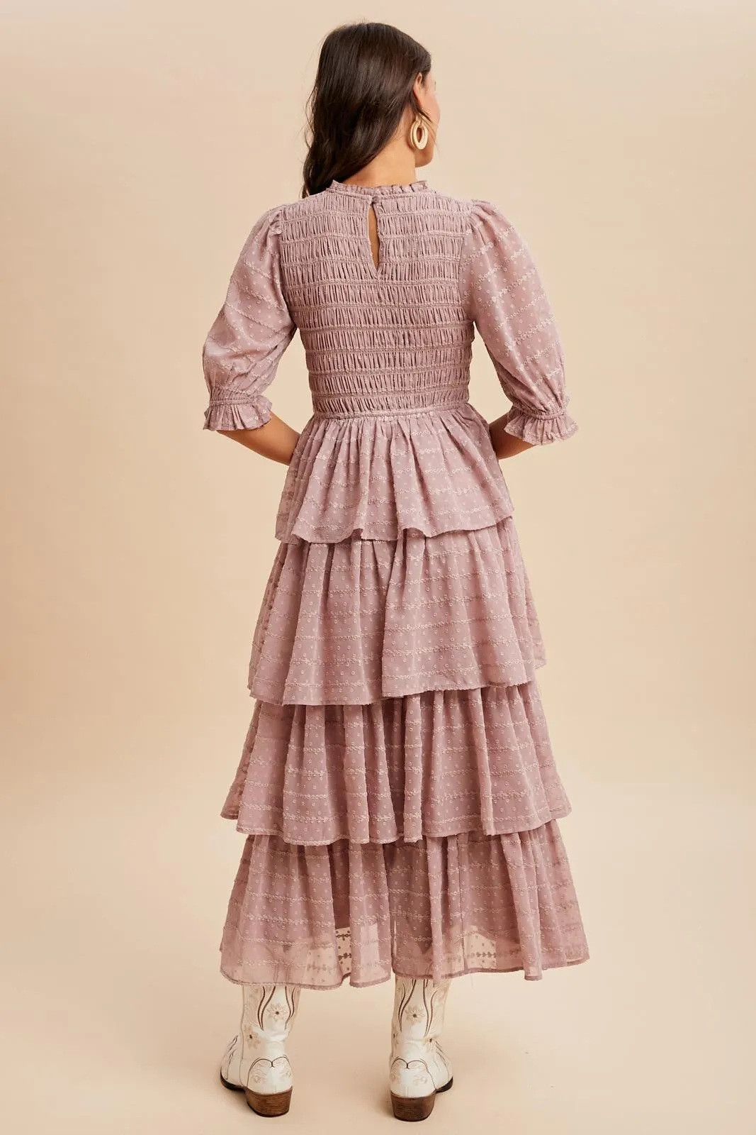 Mauve Smocked Swiss Dot Tiered Maxi Dress sold by Pinkblush product image thumbnail 4