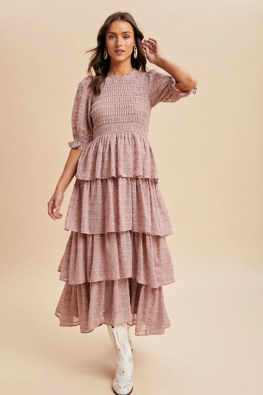 Mauve Smocked Swiss Dot Tiered Maxi Dress sold by Pinkblush product image thumbnail 2