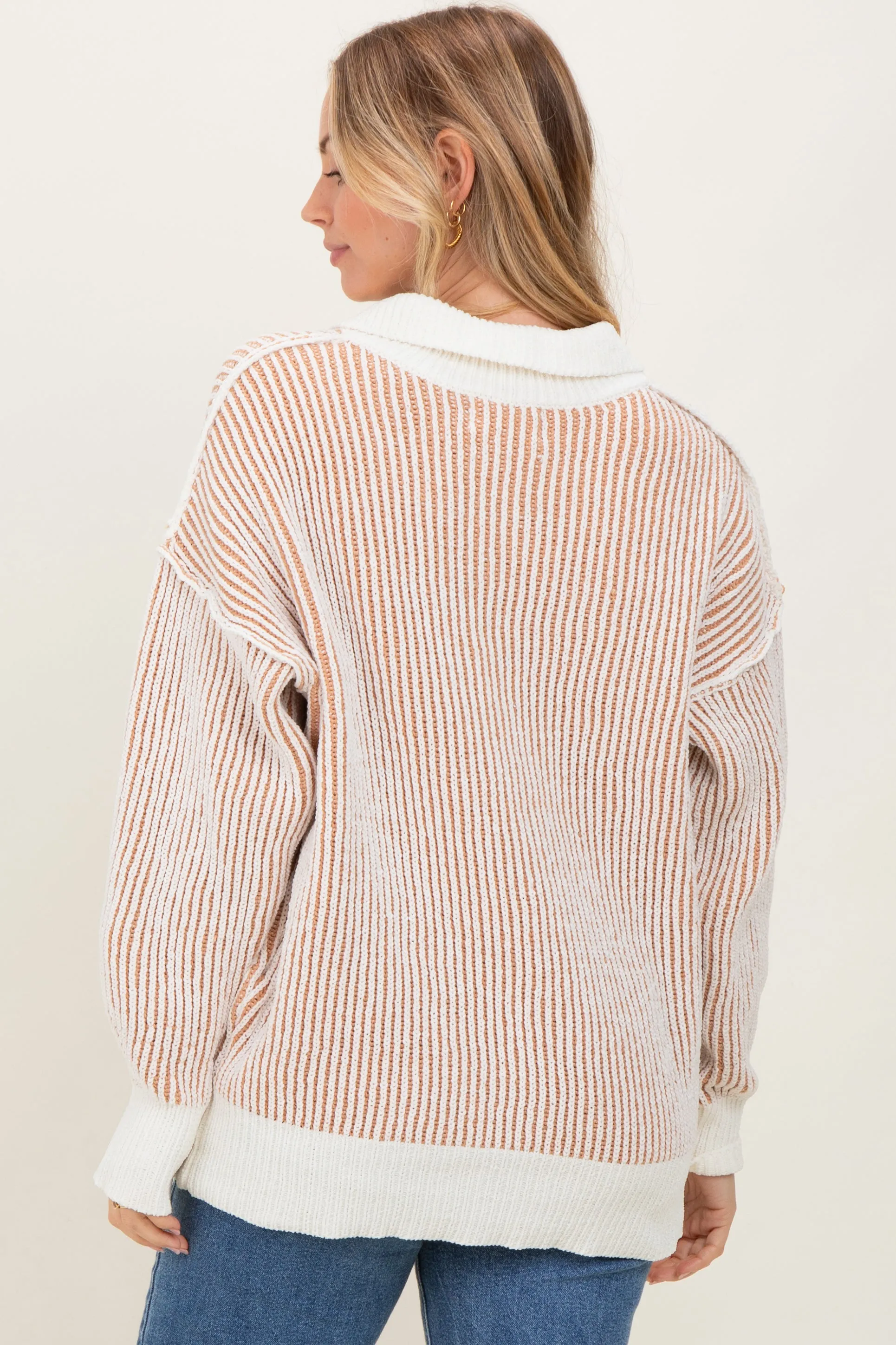 Camel Two Tone Stripe Textured Henley Neck Sweater Top sold by Pinkblush product image thumbnail 3