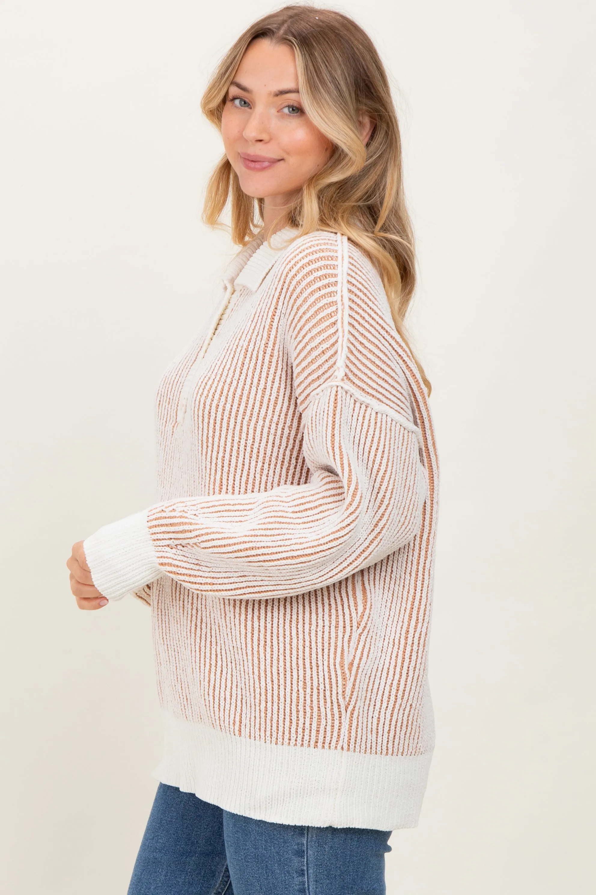 Camel Two Tone Stripe Textured Henley Neck Sweater Top sold by Pinkblush product image thumbnail 2