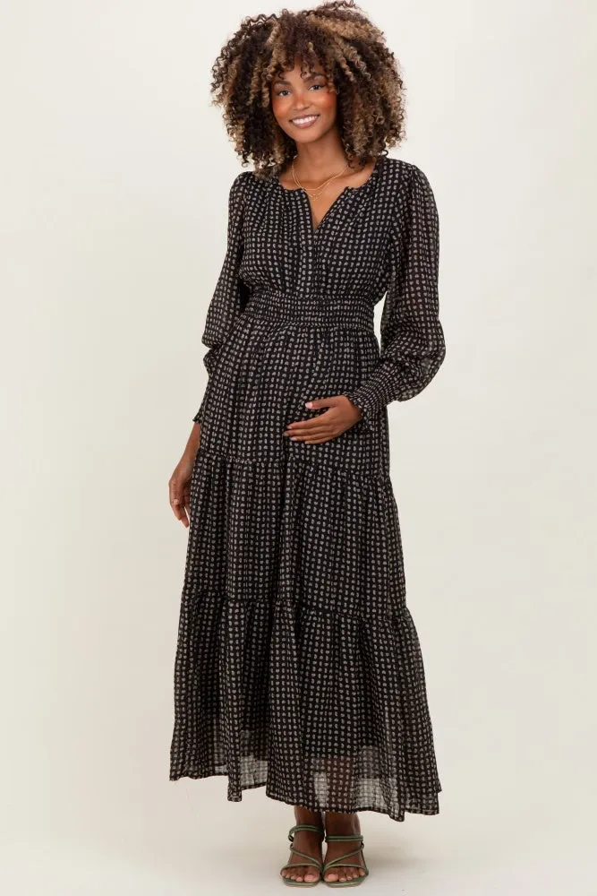 Black Printed Smocked Waist Tiered Maternity Maxi Dress sold by Pinkblush