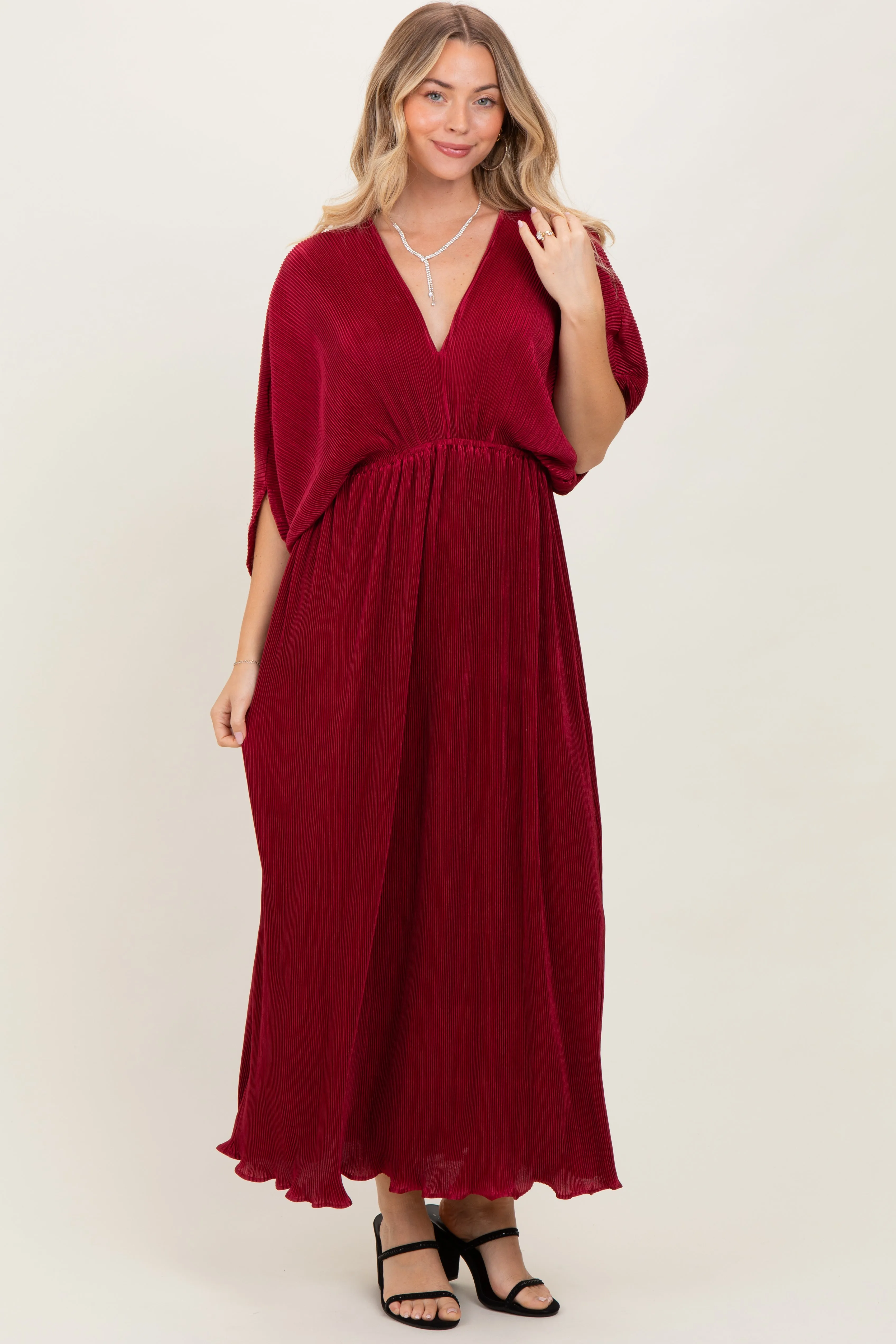 Burgundy Pleated Satin Dolman Sleeve Maxi Dress sold by Pinkblush
