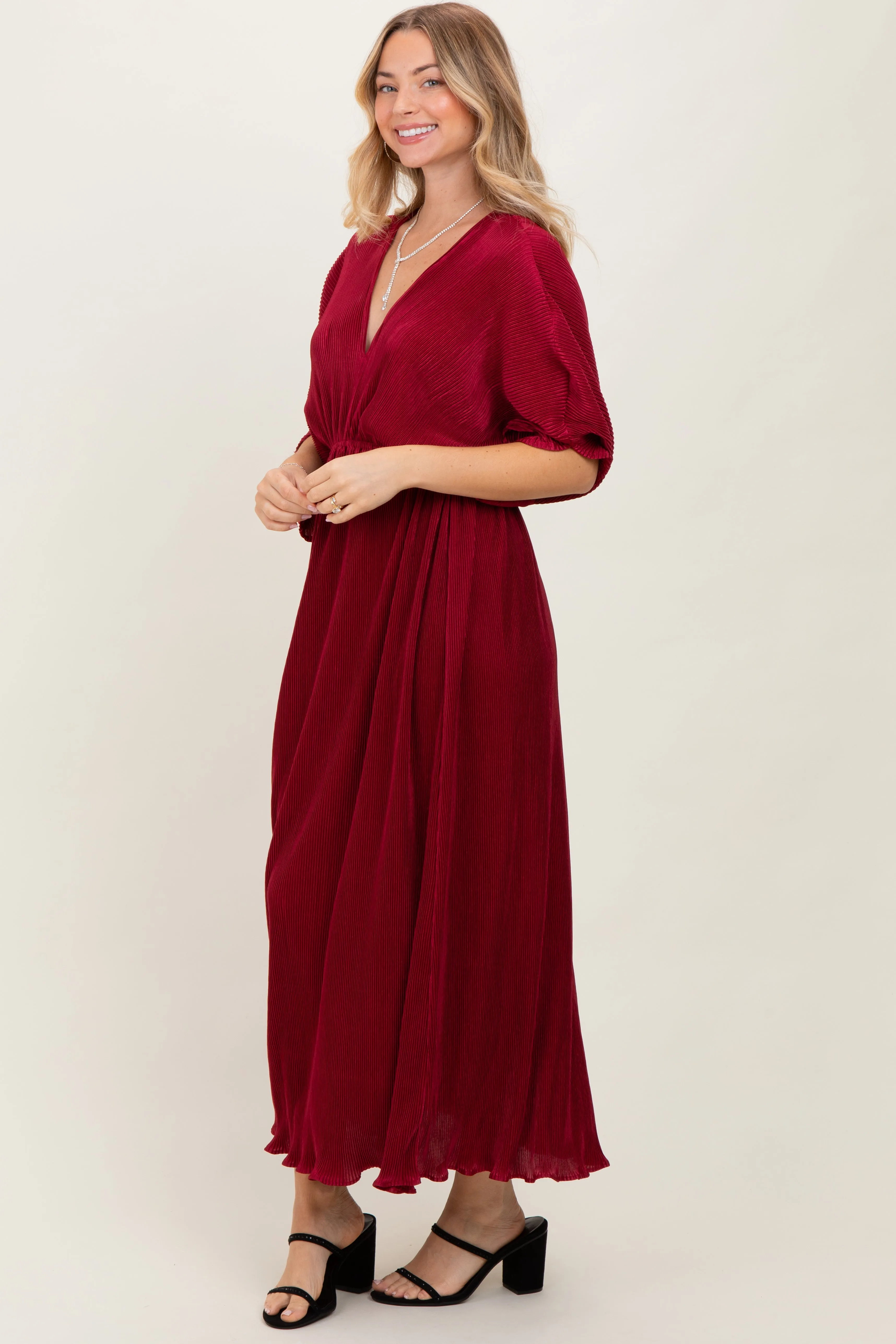 Burgundy Pleated Satin Dolman Sleeve Maxi Dress sold by Pinkblush product image thumbnail 2
