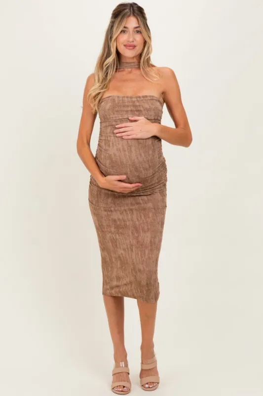Mocha Brushed Print Ruched Maternity Midi Dress made by privy