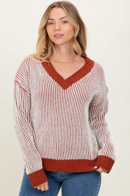 Rust Two Tone Ribbed V-Neck Chenille Maternity Sweater made by In February