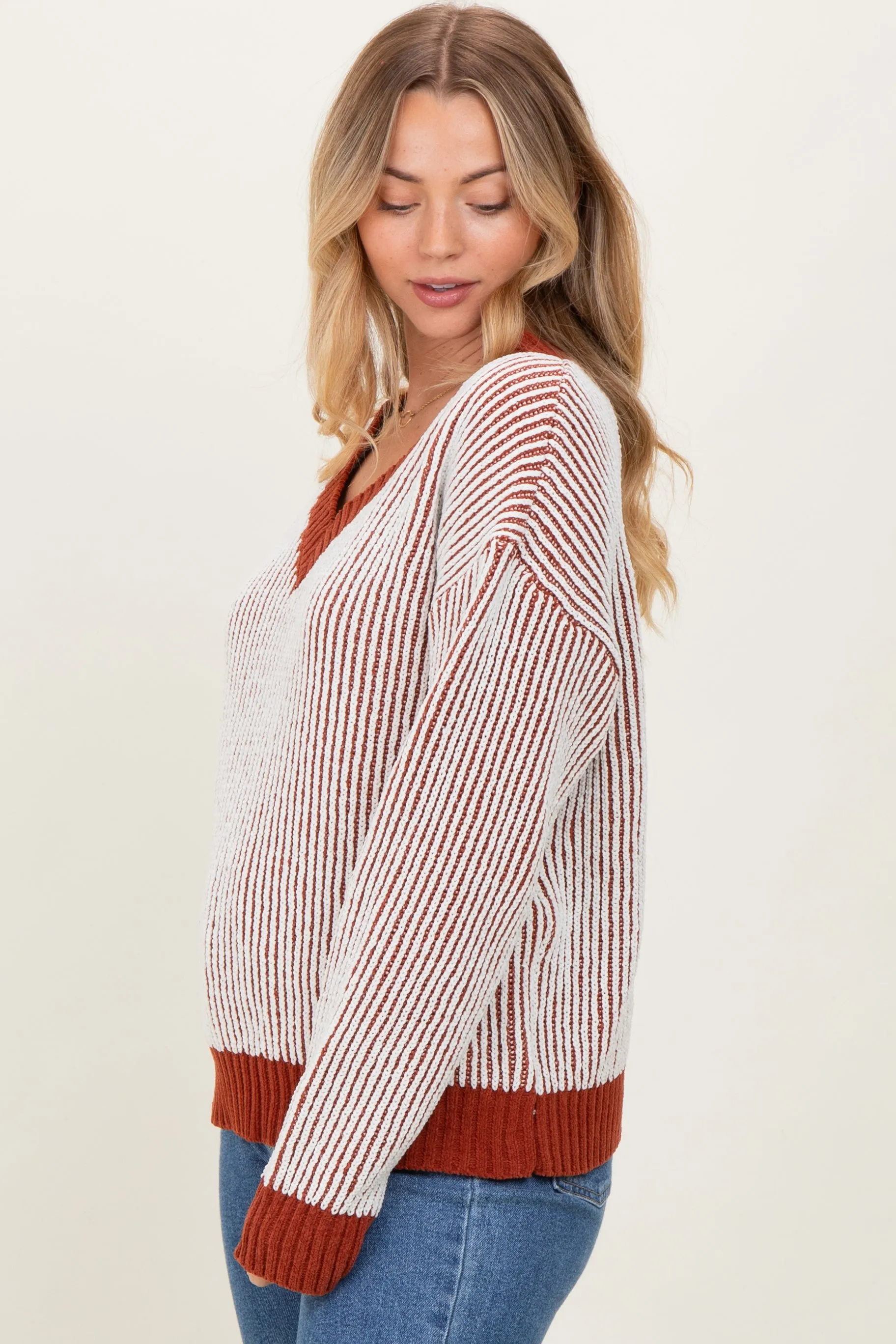 Rust Two Tone Ribbed V-Neck Chenille Maternity Sweater sold by Pinkblush product image thumbnail 2