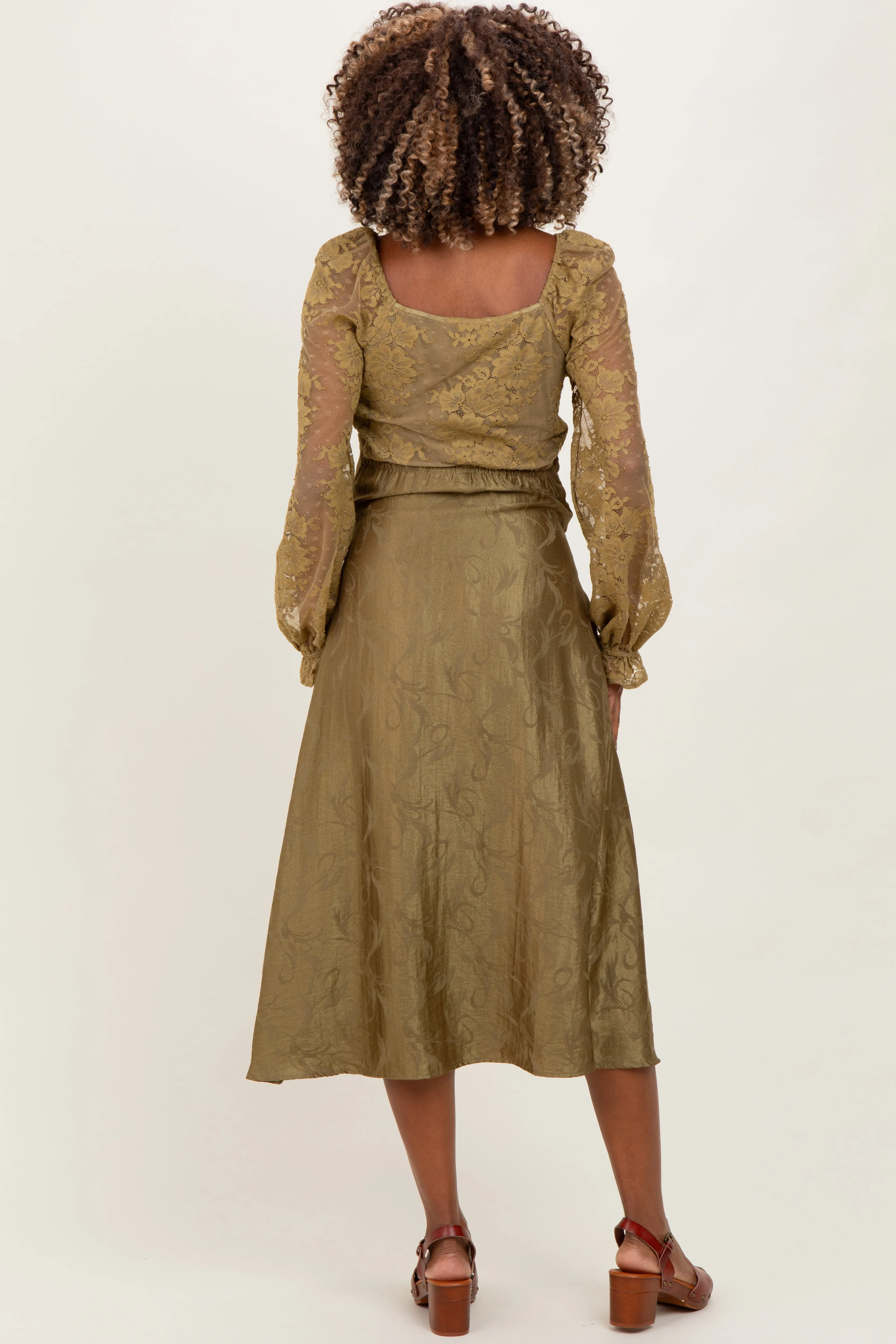 Olive Lace Jacquard Long Sleeve Maternity Midi Dress sold by Pinkblush product image thumbnail 2