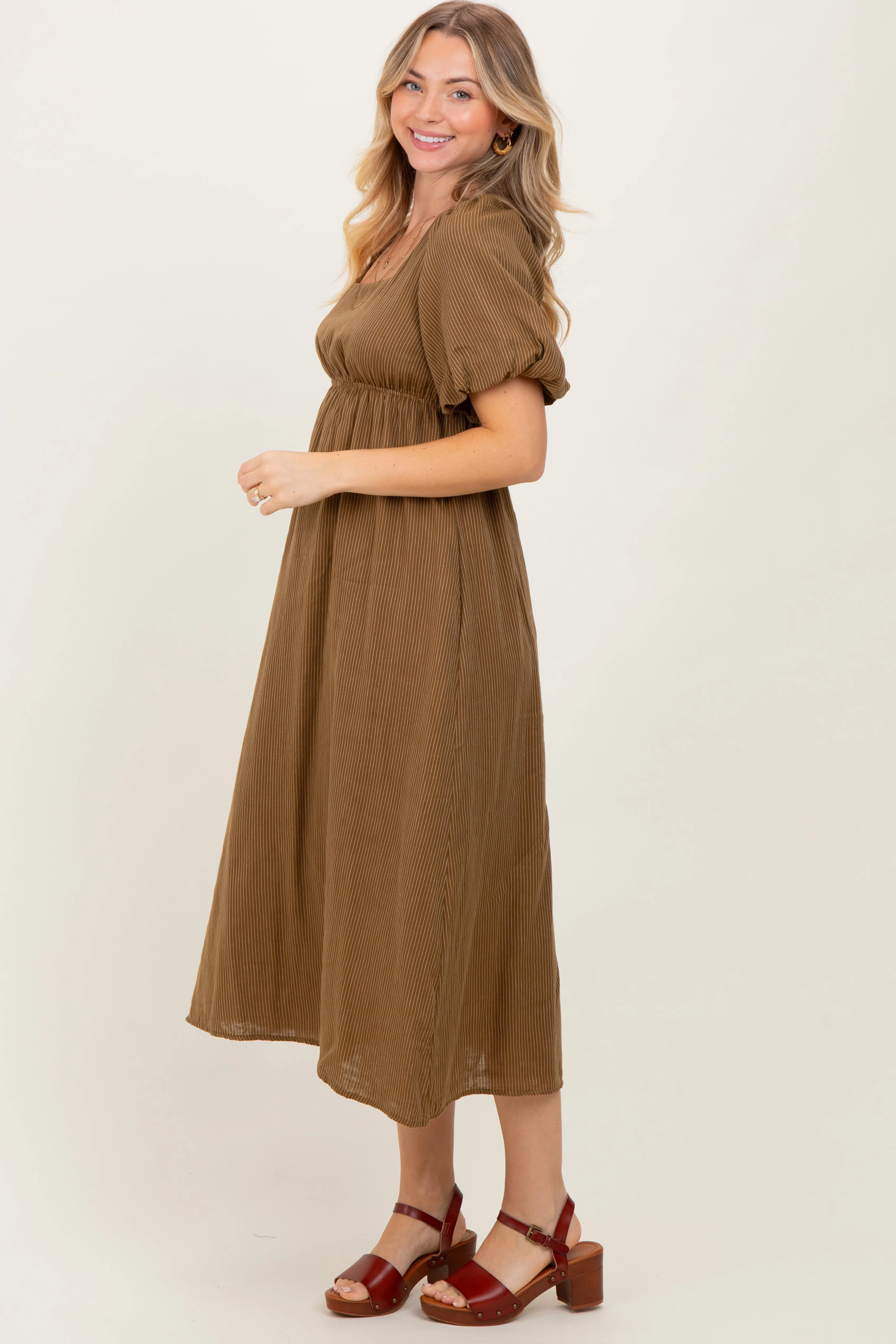 Camel Ribbed Puff Sleeve Tie Back Midi Dress sold by Pinkblush product image thumbnail 3