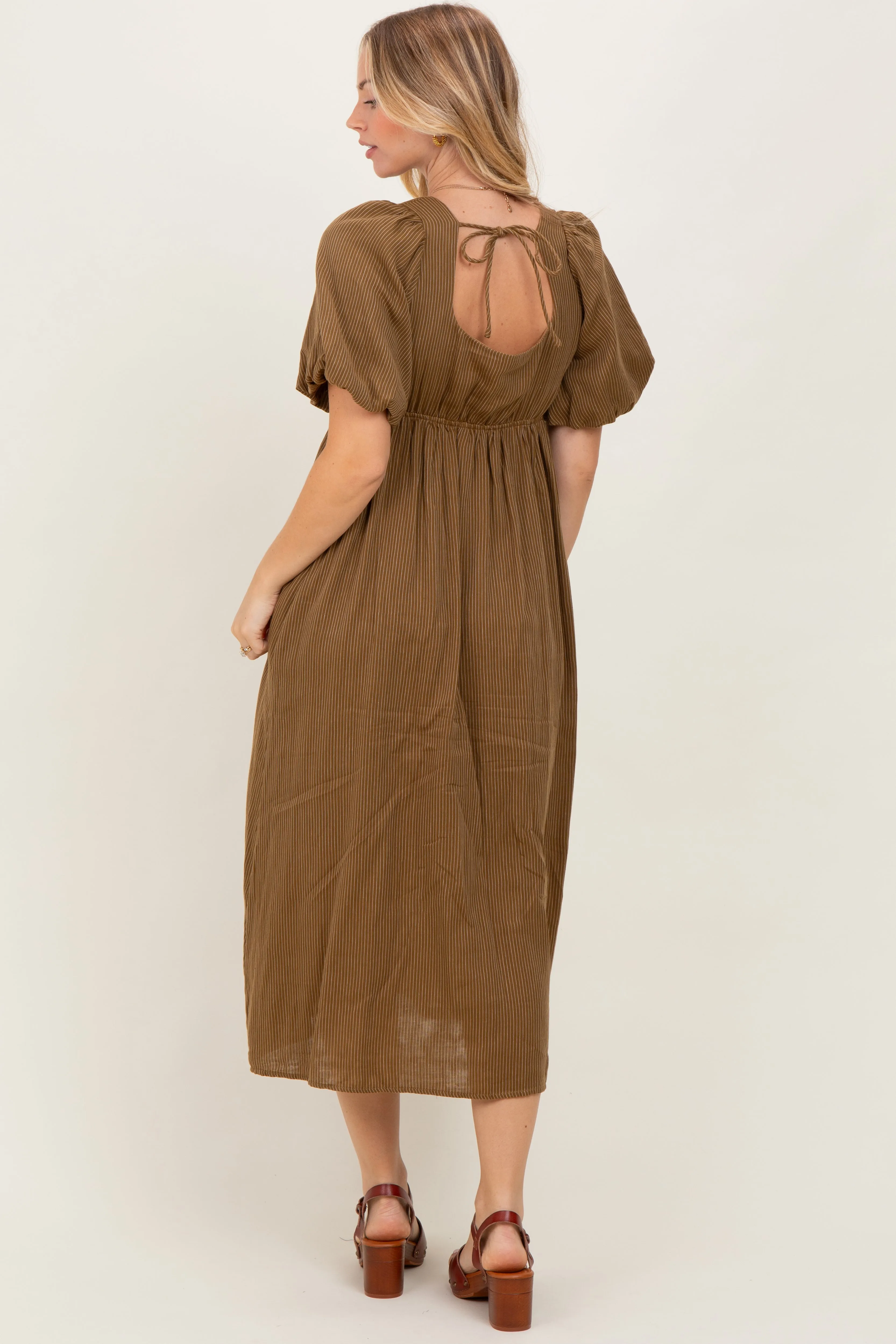 Camel Ribbed Puff Sleeve Tie Back Midi Dress sold by Pinkblush product image thumbnail 4