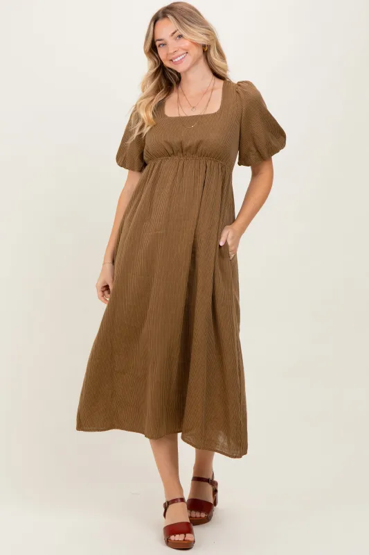 Camel Ribbed Puff Sleeve Tie Back Midi Dress sold by Pinkblush