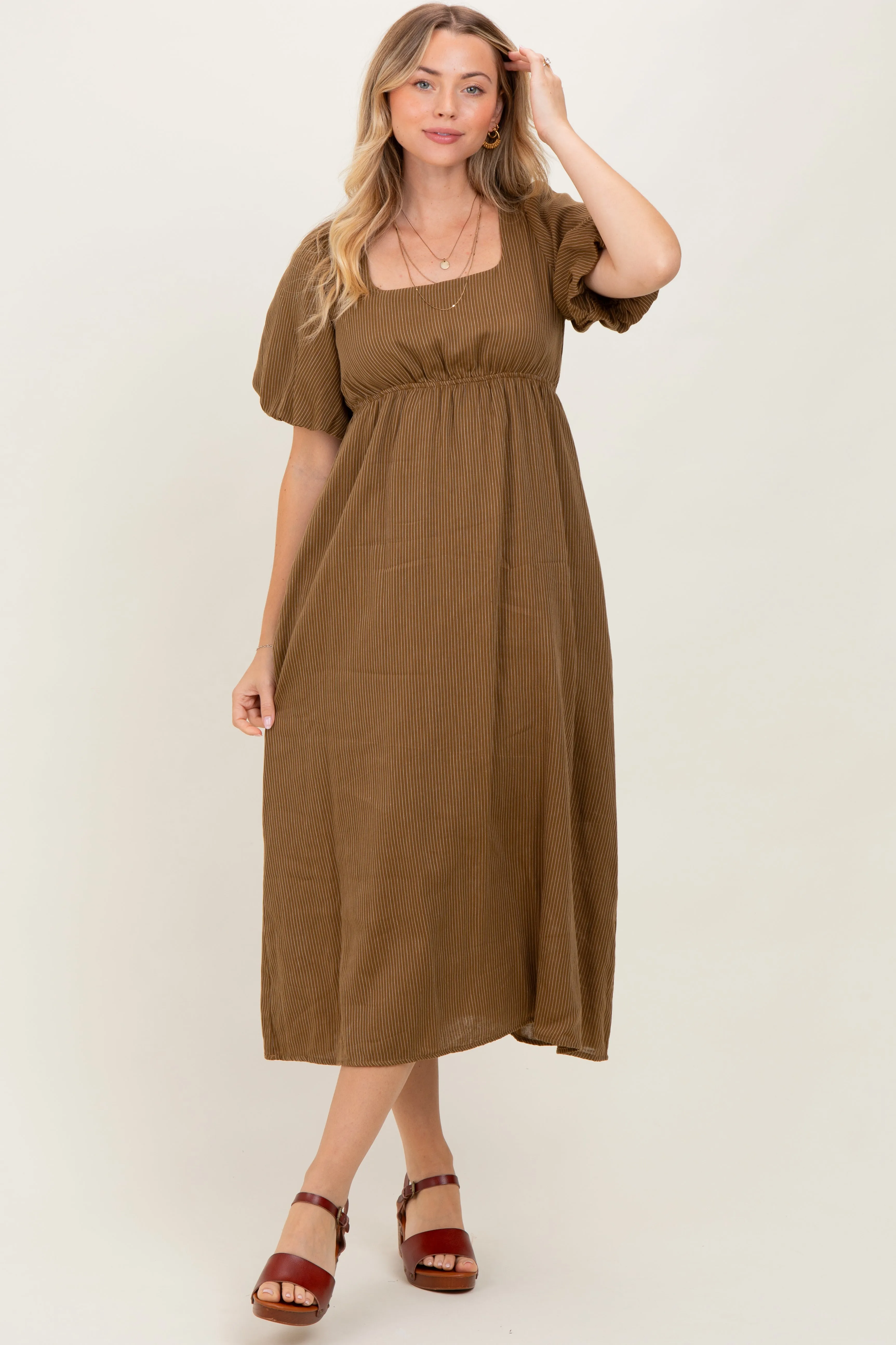 Camel Ribbed Puff Sleeve Tie Back Midi Dress sold by Pinkblush product image thumbnail 2