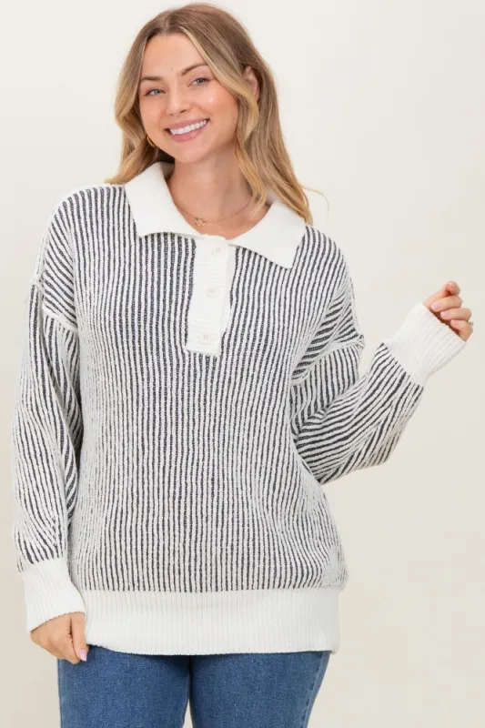 Charcoal Two Tone Stripe Textured Henley Neck Sweater Top sold by Pinkblush