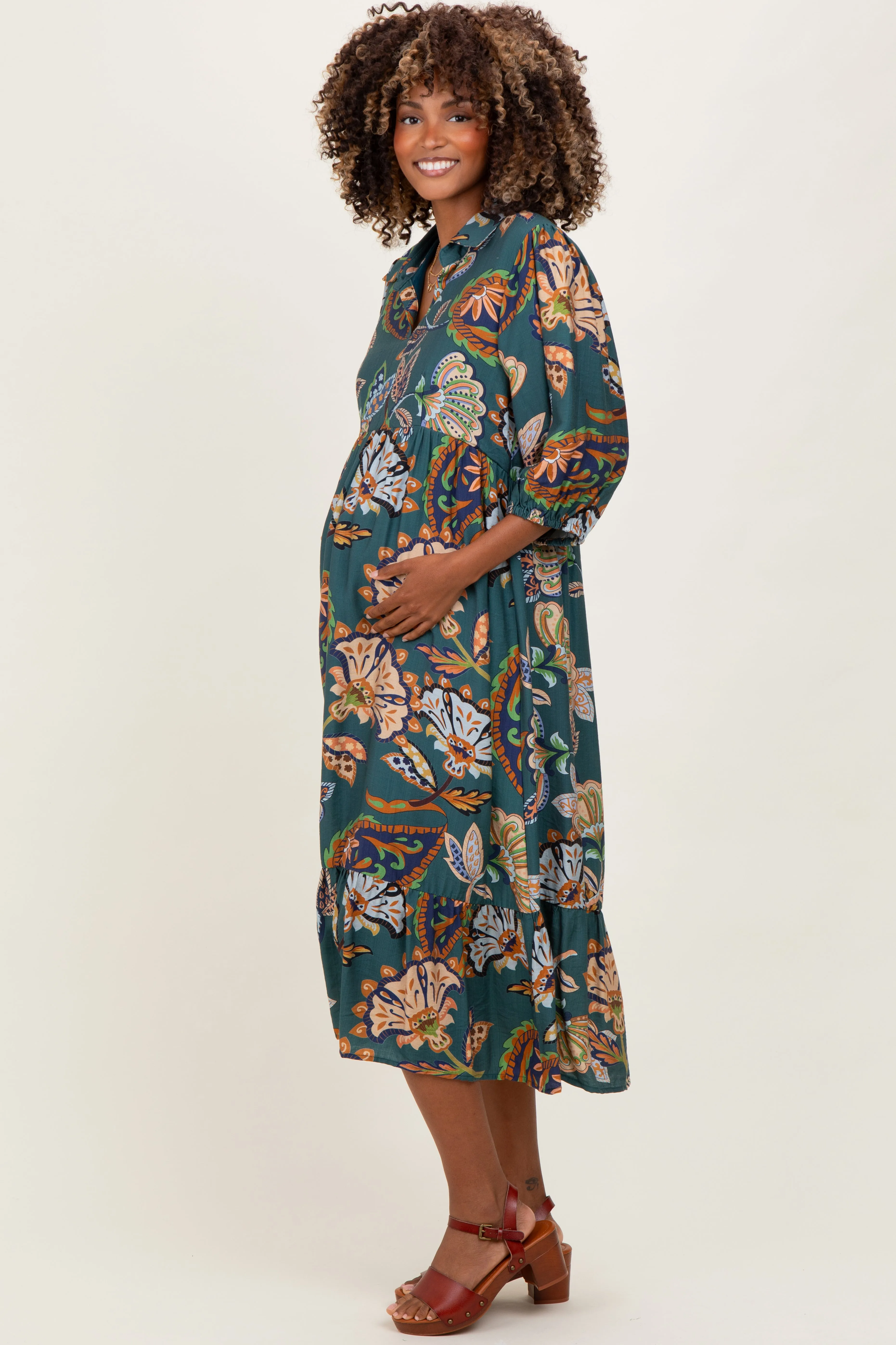 Teal Floral Collared 3/4 Sleeve Maternity Midi Dress sold by Pinkblush product image thumbnail 2