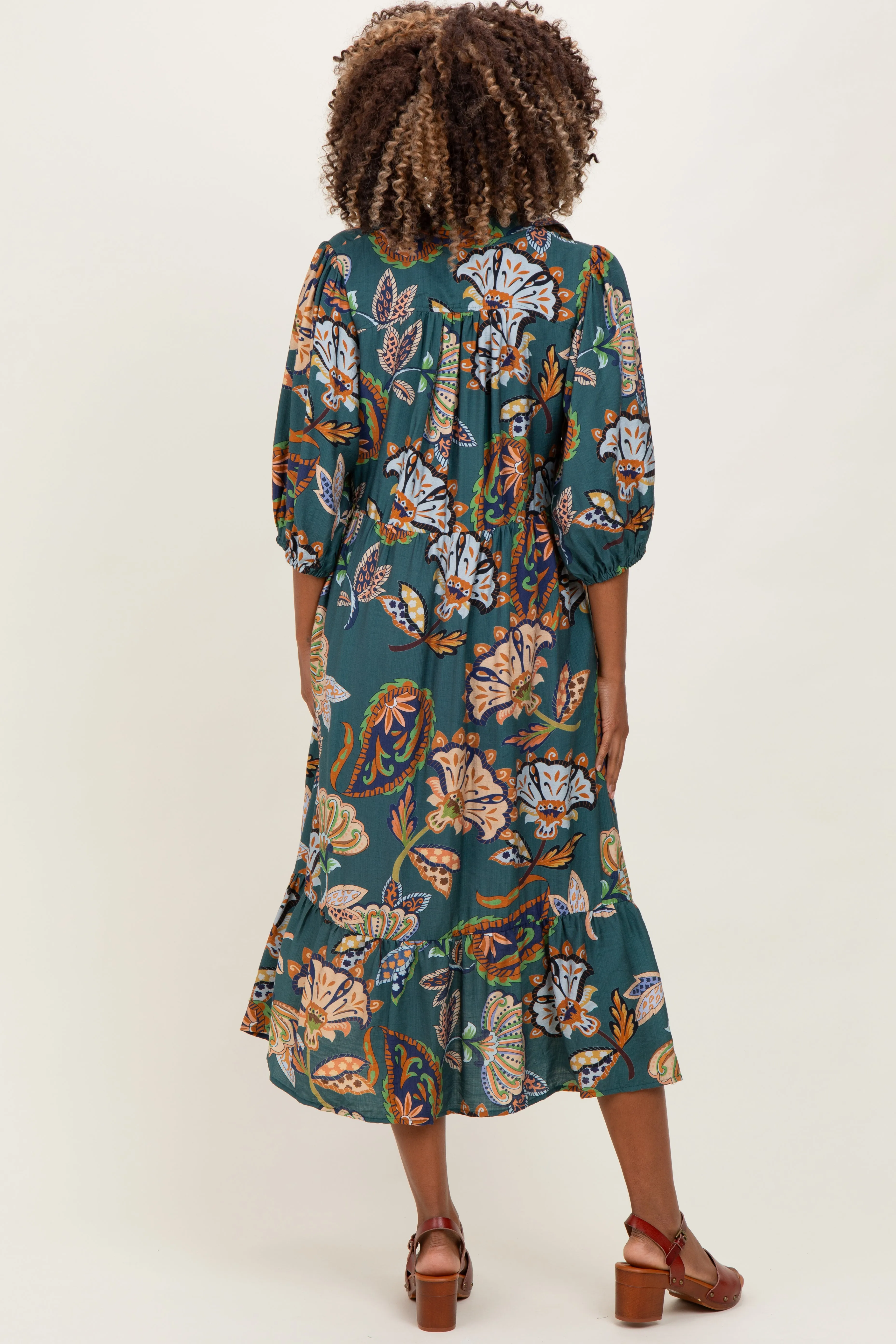 Teal Floral Collared 3/4 Sleeve Maternity Midi Dress sold by Pinkblush product image thumbnail 3