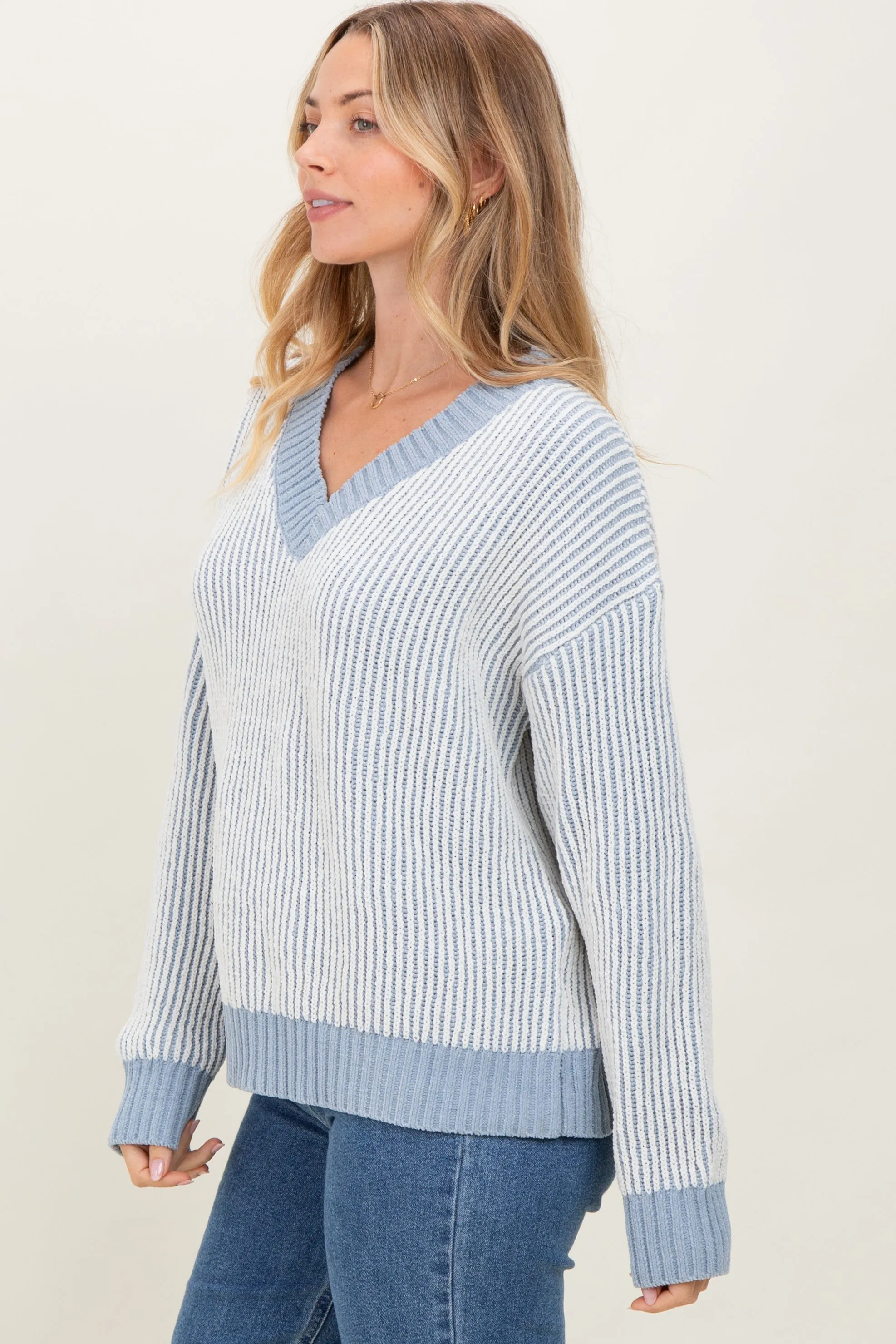 Blue Two Tone Ribbed V-Neck Chenille Maternity Sweater sold by Pinkblush product image thumbnail 3