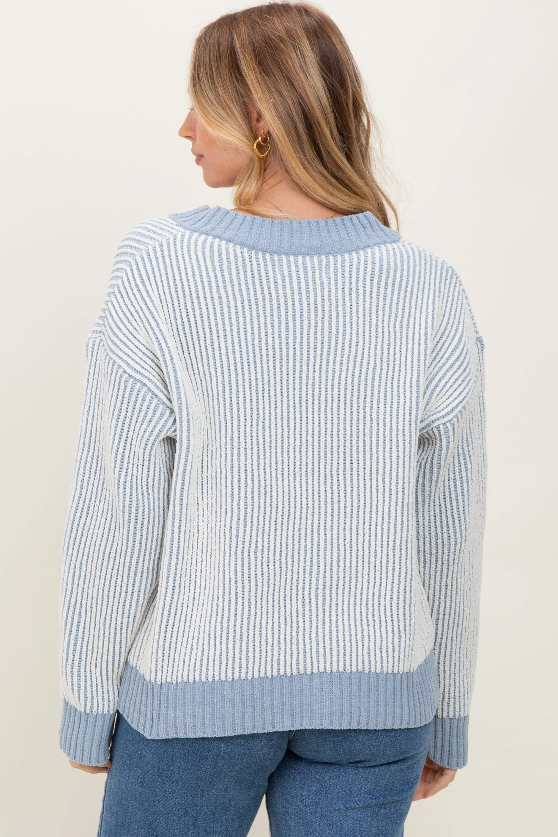 Blue Two Tone Ribbed V-Neck Chenille Maternity Sweater sold by Pinkblush product image thumbnail 4