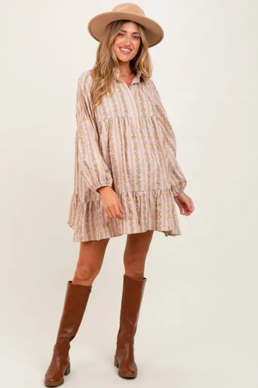 Tan Floral Print Shirring Half Buttoned Maternity Shirt Dress sold by Pinkblush