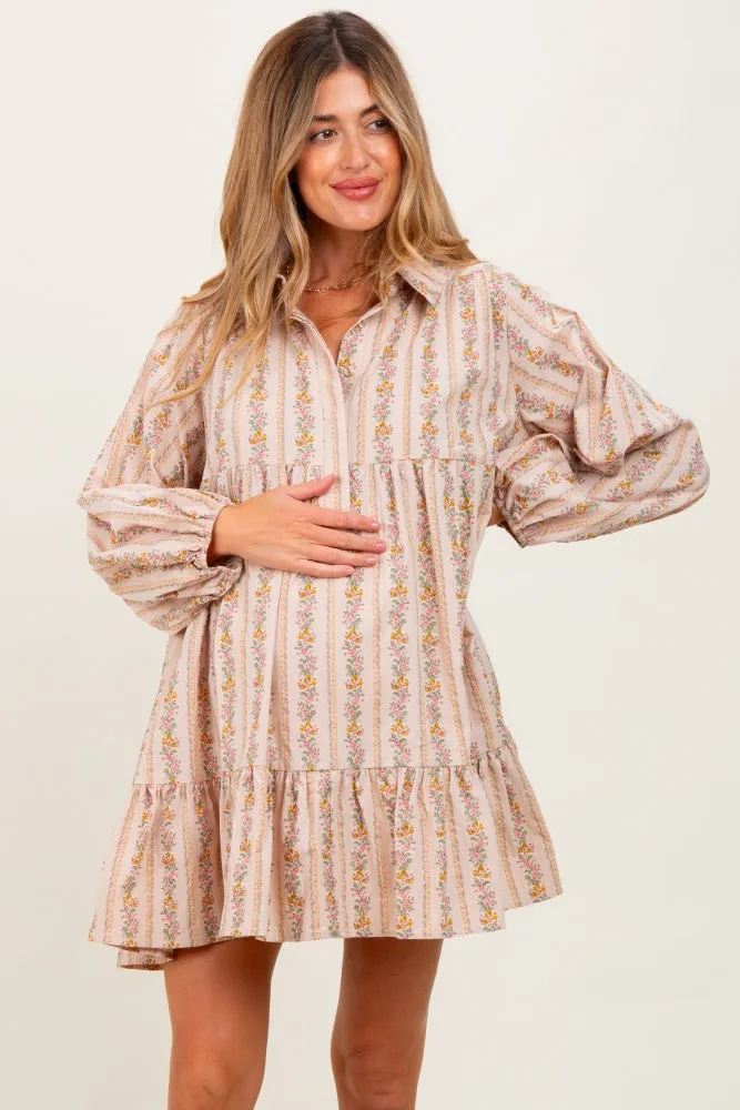 Tan Floral Print Shirring Half Buttoned Maternity Shirt Dress sold by Pinkblush product image thumbnail 2