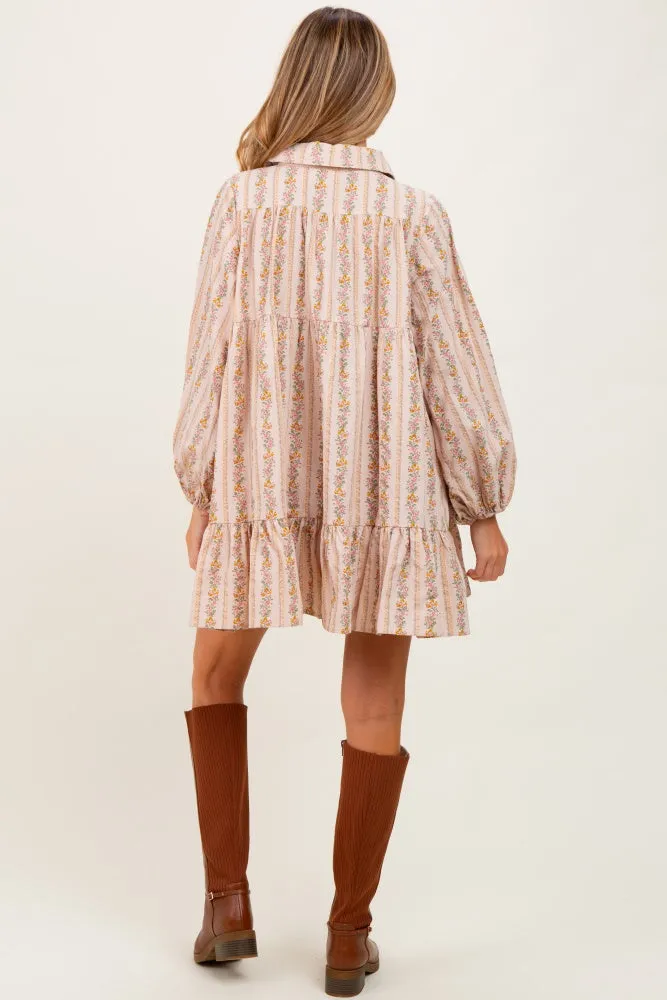 Tan Floral Print Shirring Half Buttoned Maternity Shirt Dress sold by Pinkblush product image thumbnail 3