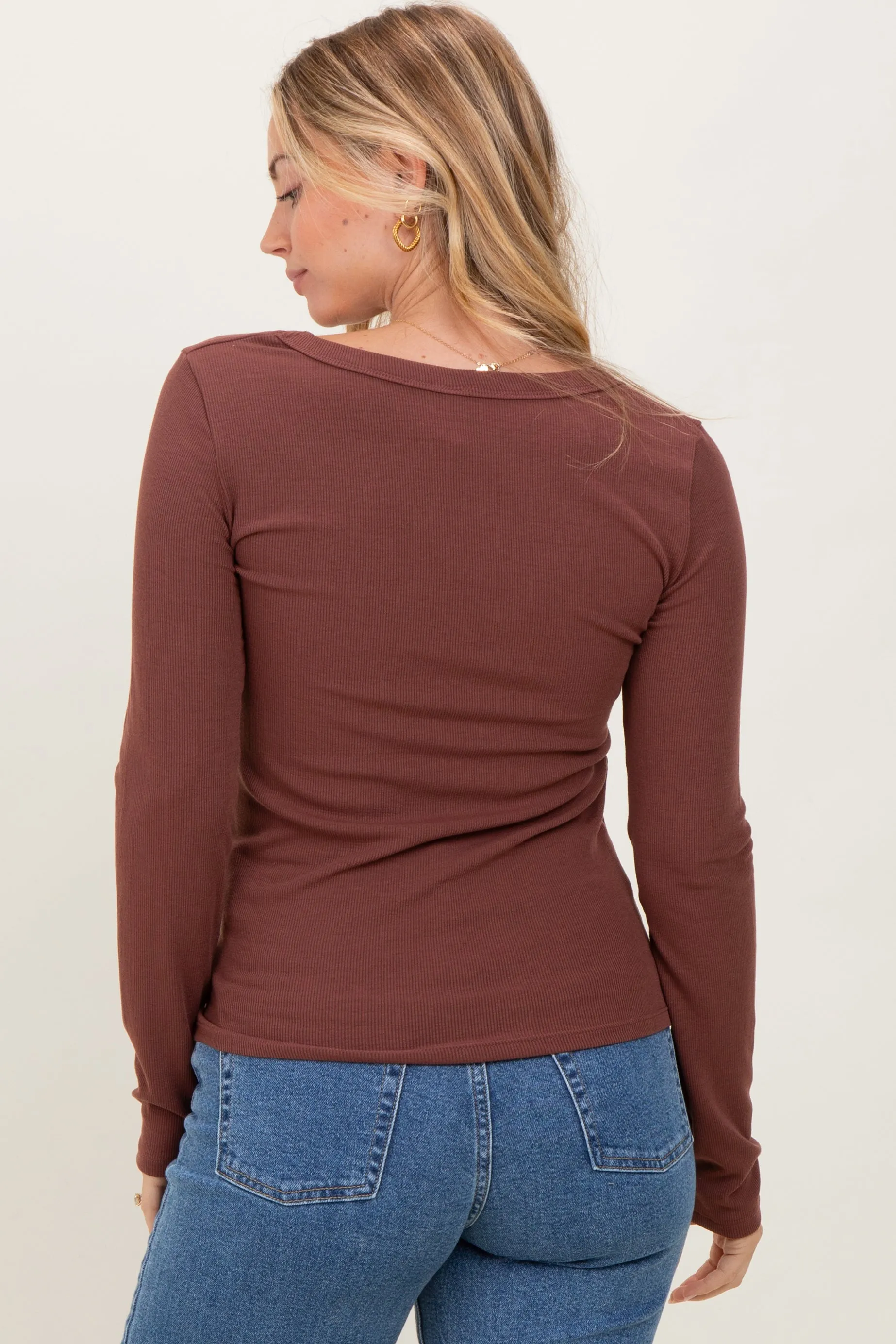 Dark Mocha Ribbed Square Neck Long Sleeve Top sold by Pinkblush product image thumbnail 4
