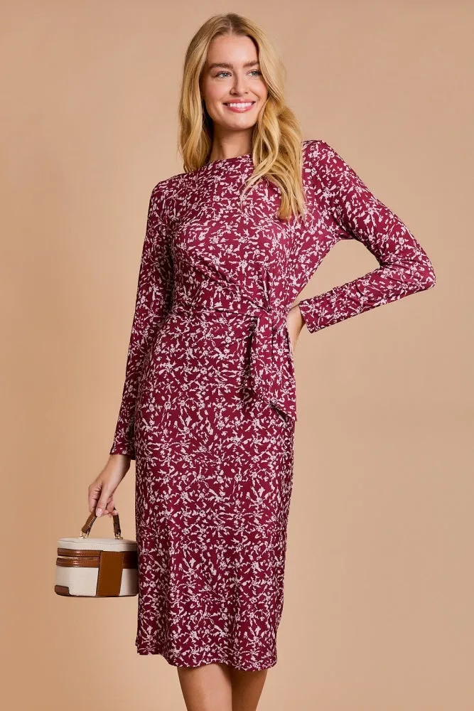 Wine Abstract Waist Tie Detail Long Sleeve Maternity Midi Dress sold by Pinkblush product image thumbnail 5